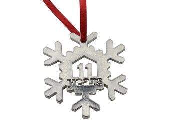 11 Year Cut Out Metal Snowflake Christmas Tree Hanging Decoration - 11th Wedding Anniversary