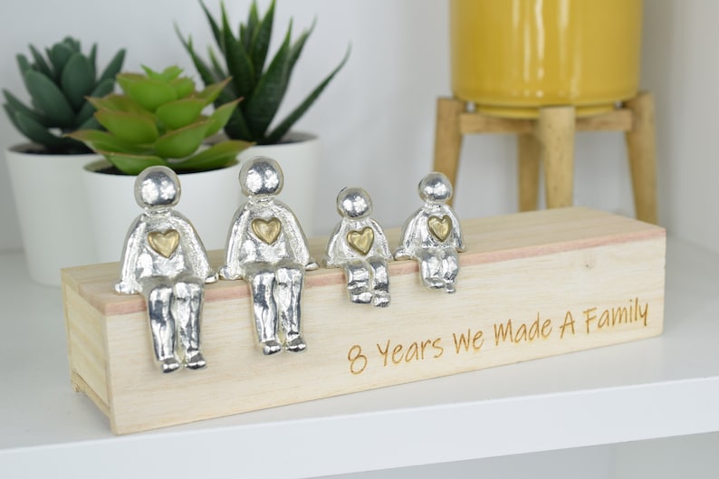 Bronze Anniversary 8 Years We Made a Family Sculpture Figurines with Bronze Hearts 8th Anniversary Wooden Box Size & Grain Will Vary 2 Children