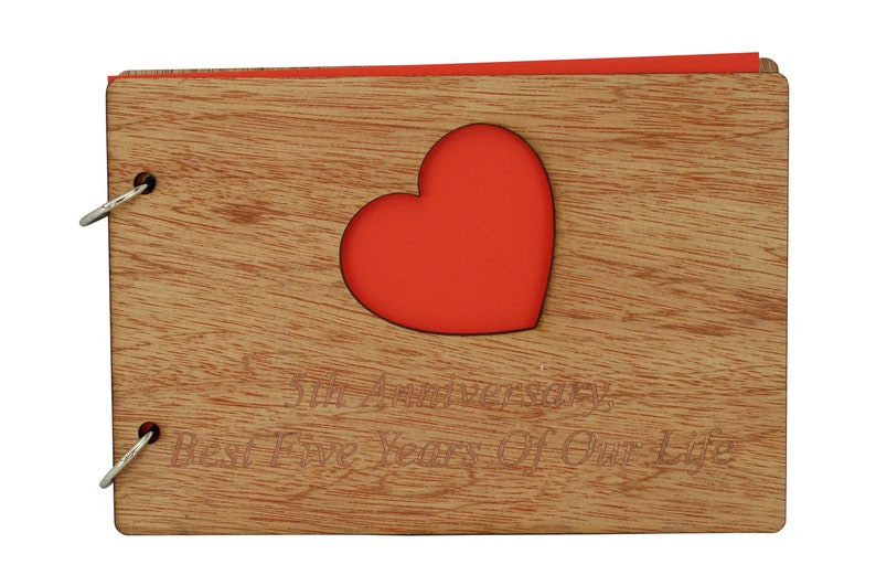 Wood Anniversary Scrapbook Gift Idea Engraved With 'Fifth Anniversary, Best Five Years Of Our Life. image 2