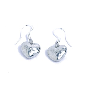 10th Anniversary Tin Drop Heart Earrings – Handcrafted Pure Tin, Hammered Effect, 10 Year Gift for Wife