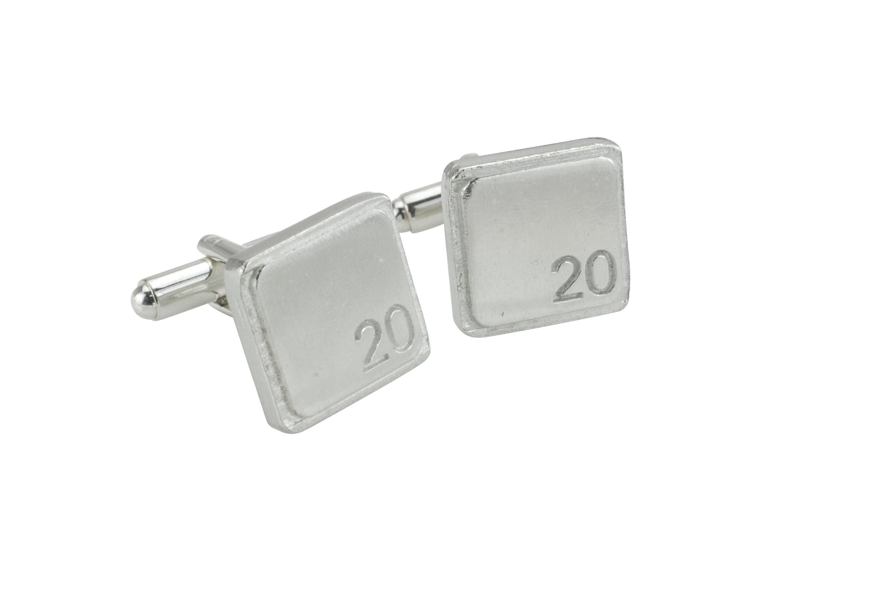 Polished Square Tin Cufflinks with '20' Engraved