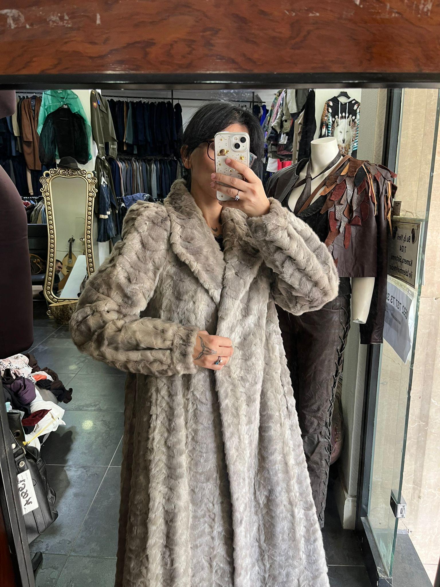 女性用ヴィンテージグレーミンクファーコート、100%本物のミンクファー