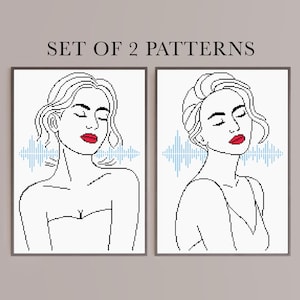 May include: Two framed cross-stitch patterns featuring line art portraits of women with closed eyes and red lips. Each portrait has a blue sound wave design. The text "SET OF 2 PATTERNS" is at the top.