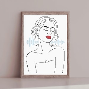 Patrón moderno de punto de cruz en PDF, arte lineal minimalista de mujer fácil, diseño de bordado simple, onda sonora, descarga instantánea.