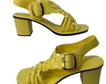 Vintage 70s Yellow Woven Strappy Block Heel Sandals Womens Size 6 Taiwan
