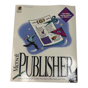 May include: Microsoft Publisher software box with a colorful illustration. The image features a cartoon of a person holding a newspaper with scissors cutting it. The box has the text "Microsoft Publisher" and "Create Professional-Quality Newsletters, Brochures, and More."