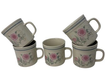 Vintage 1990s Cottagecore Floral Ceramic 5 Mug Set Pink Blue