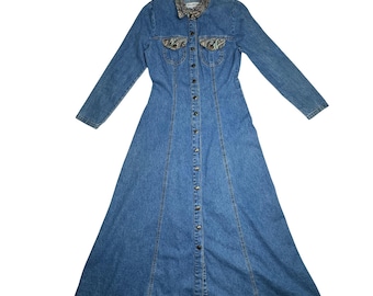 Vintage Paris Blues Denim Maxi Dress Paisley Trim Western Button Front USA  7