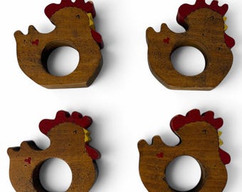 Lot de 4 ronds de serviette en bois poulet peint à la main, décor de ferme champêtre Vtg