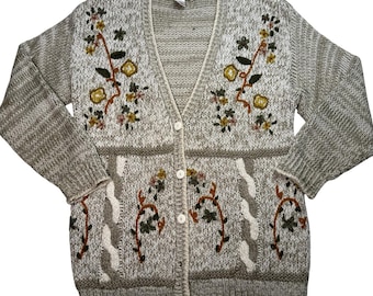 Vintage Western Connection Hand Knit Floral Cardigan Sweater Boho M