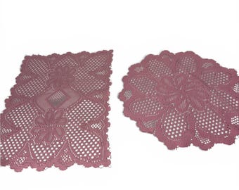 Ensemble de napperon en dentelle mauve vintage rond et rectangulaire floral, linge de table
