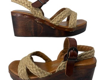 Vintage Made in Italy Rope Leather Wood Wedge Sandals Boho Platform Womens 7B