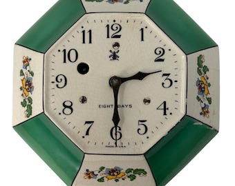 Vintage Miller 8 Day Porcelain Wall Clock Green Floral Octagon Wind Up USA 30's