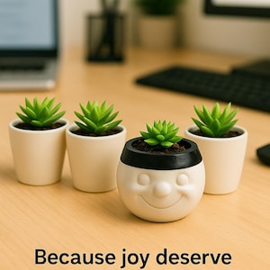 Peut inclure: Quatre petites plantes succulentes dans des pots blancs, dont une avec un visage souriant et un bord noir. Les plantes sont sur une surface en bois clair. Le texte en bas dit : "Because joy deserve more than just annort pot."