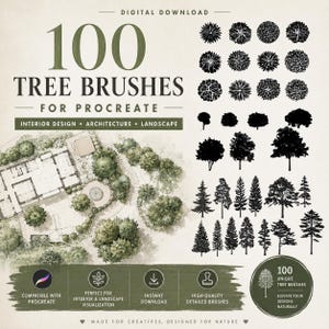 Könnte beinhalten: Ein digitales Download-Set mit 100 Baumpinseln für Procreate, das schwarze Silhouetten verschiedener Baumarten sowie eine architektonische Draufsicht mit grünem Blattwerk, Textbeschriftungen und Software-Kompatibilitätssymbolen enthält.