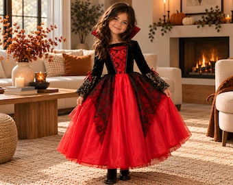Costume da vampira per bambina / Costume di Halloween per bambini / Abito da vampira rosso e nero