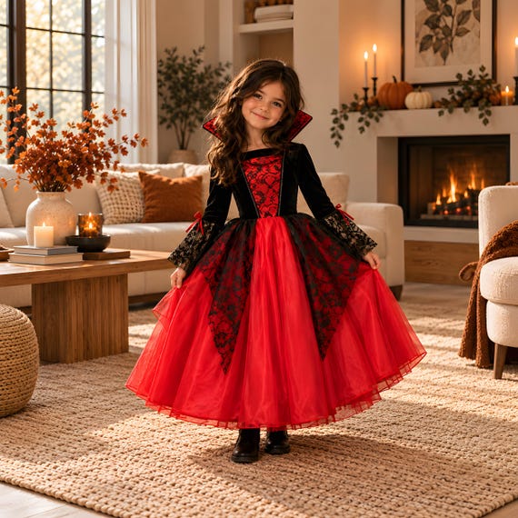 Girls Vampire Costume | Kids Halloween Costume | Red Black Vampire Dress