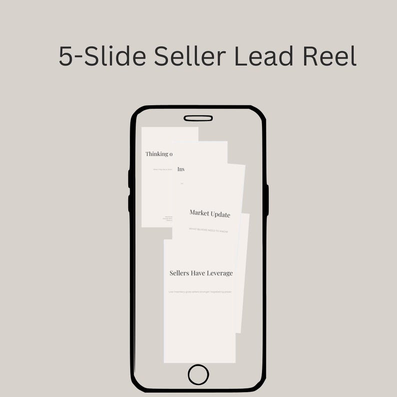 May include: A smartphone outline with a black border displays a presentation titled "5-Slide Seller Lead Reel." The presentation includes slides with text such as "Market Update" and "Sellers Have Leverage."