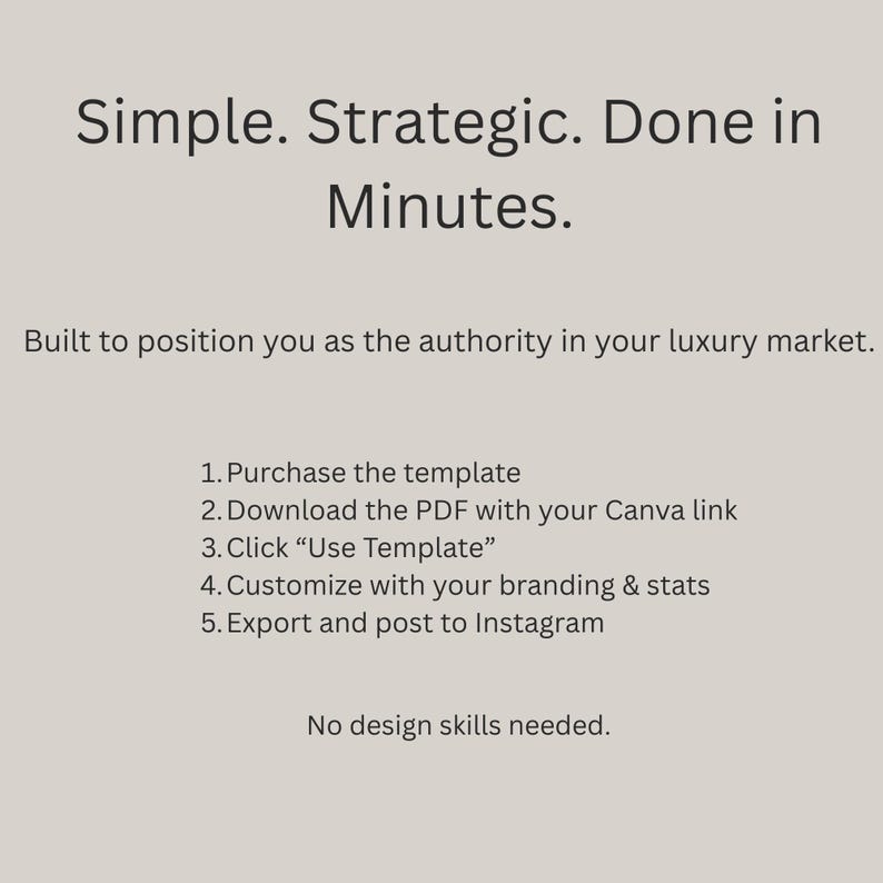 May include: A light beige graphic with black text that reads: "Simple. Strategic. Done in Minutes." The text below states: "Built to position you as the authority in your luxury market." Instructions are listed below.