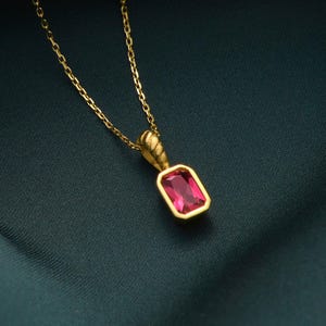 10K Gold Solitaire Ruby CZ Necklace – Baguette Birthstone Pendant