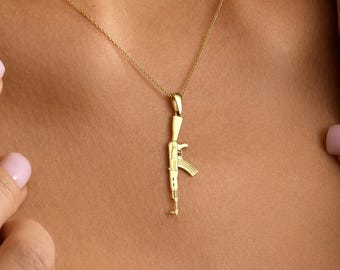 14K Gold Rifle Necklace | Unisex AK47 Pendant | Military Jewelry