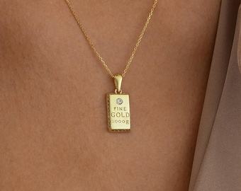 14K Fine Gold Bar Necklace: Dainty Unisex CZ Ingot Pendant