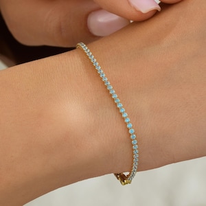 14K Gold Aquamarine Tennis Bracelet | Blue CZ 2mm Infinity Line | 9 Color Options