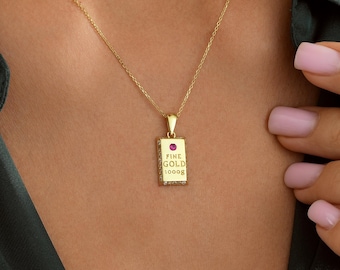 14K Fine Gold Bar Pendant Necklace: Red CZ Ingot Design