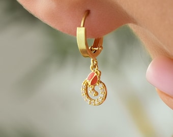 14K Gold Tiny Ladybug Earrings, Lucky Charm Huggie Hoops, Red Enamel Dangle Drops