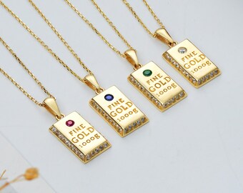 14K Fine Solid Gold Bar Pendant Necklace: Blue CZ Ingot Design