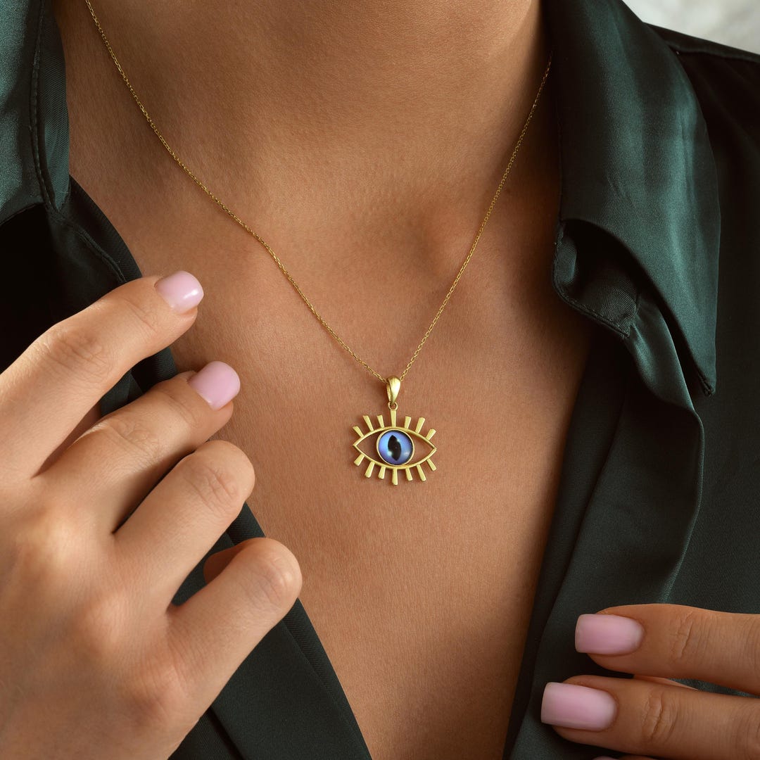 14K Solid Gold Evil Eye Pendant Necklace Blue Cat Eye Protection — free download