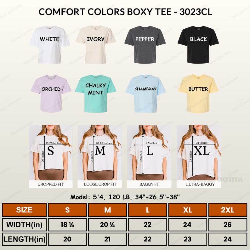 May include: Comfort Colors 3023CL boxy t-shirts in white, ivory, pepper, black, orchid, chalky mint, chambray, and butter. Includes size charts for S, M, L, XL, and 2XL with width and length measurements in inches, plus fit examples for S, M, L, and XL.