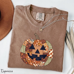 May include: Espresso-colored t-shirt with a patchwork pumpkin design. The pumpkin features various fall-themed patterns in orange, brown, and green. A silver necklace with a pendant rests on the shirt. The shirt is labeled "Comfort Colors" and size S-P-CH.