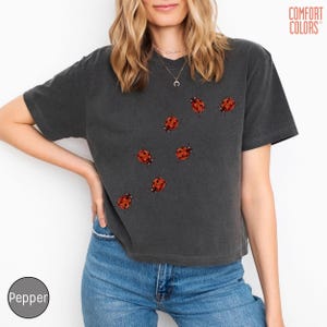 May include: A charcoal gray short-sleeve t-shirt featuring a scattered pattern of small red ladybugs with black spots across the front. The shirt has a crew neckline and the text COMFORT COLORS is printed in the upper right corner of the image.