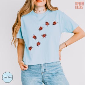 May include: A light blue short-sleeve t-shirt featuring a scattered pattern of small red ladybugs with black spots. The shirt has a crew neckline and the text COMFORT COLORS printed in the upper right corner and CHAMBRAY in a circle.