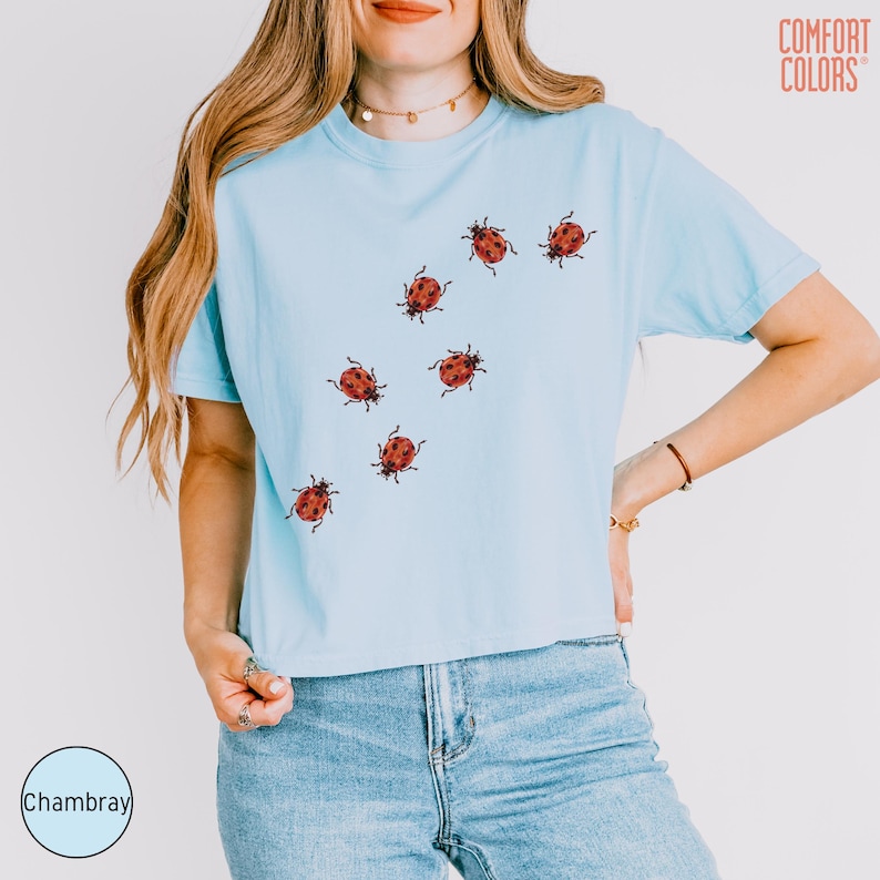 May include: A light blue short-sleeve t-shirt featuring a scattered pattern of small red ladybugs with black spots. The shirt has a crew neckline and the text COMFORT COLORS printed in the upper right corner and CHAMBRAY in a circle.