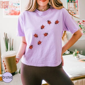 May include: A light purple short-sleeve t-shirt featuring a scattered pattern of small red ladybugs across the front. The shirt has a crew neckline and a relaxed fit. The text COMFORT COLORS is visible in the upper left corner of the image.