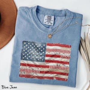 Camiseta con bandera estadounidense retro Comfort Colors®, camiseta de EE. UU. con parches falsos, camiseta del 4 de julio, camiseta con gráfico patriótico, camiseta del 4 de julio