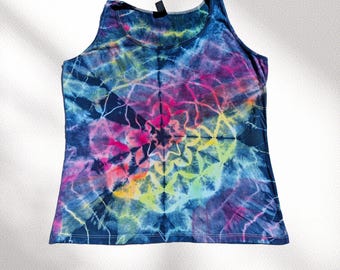 Hand Dyed Mandala Ice Dye Tank Top - Navy & Neon Rainbow - Women’s Size XL
