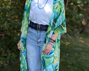 Emerald  Ocean Blue Sheer Duster Kimono – Boho Beach Cover Up & Layering Piece