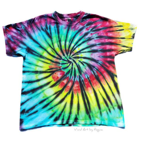 T-shirt tie-dye arc-en-ciel et spirale noire, tailles adultes