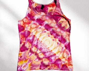 Hand Dyed Ice Dye Tank Top - Vibrant Fuchsia & Marigold - Women’s Size Large