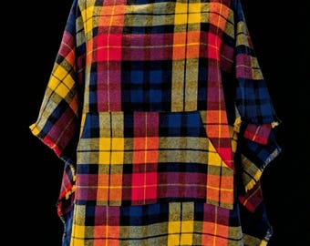 Handmade Multi-Color Plaid Flannel Poncho – 100% Cotton – Bold Fall Winter Layer