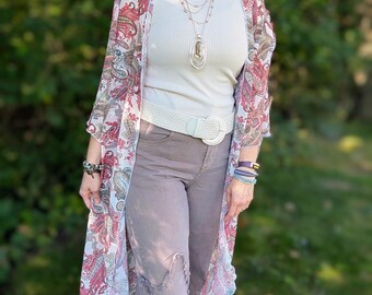 Crimson Paisley Sheer Chiffon Duster Kimono