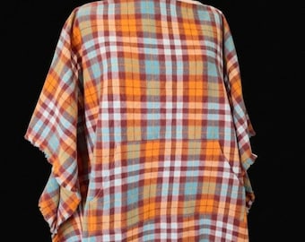 Handmade Rust and Slate Blue Plaid Poncho – 100% Cotton Flannel – Cozy Earth Tone Wrap with Pocket