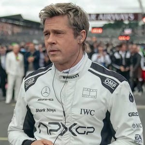 Puede incluir: Una chaqueta de carreras blanca con detalles en negro, con logotipos de patrocinadores como "OMP," "AMG" e "IWC." La chaqueta presenta "Shark NINJA" y "HAYES" con una bandera estadounidense. La persona lleva auriculares.