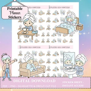Könnte beinhalten: Ein digitaler Download-Stickerbogen mit Illustrationen einer Person im Bademantel. Die Aufkleber zeigen die Person in verschiedenen Situationen, wie z. B. an einem Tisch, auf einem Sofa und im Bett. Der Text "Printable Planner Stickers" ist sichtbar.