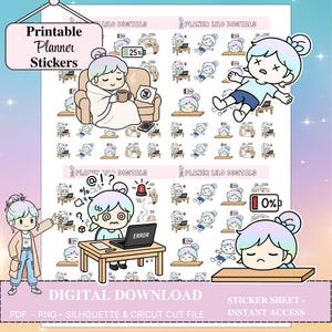 Puede incluir: Una hoja de pegatinas de descarga digital con ilustraciones de dibujos animados que representan diversas situaciones relacionadas con el trabajo. La hoja incluye el texto "Printable Planner Stickers" y "Digital Download". Los colores son pastel, con azul, rosa y morado.