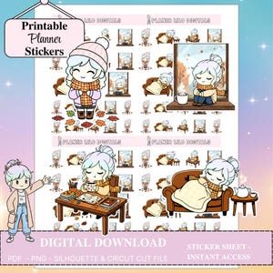 Könnte beinhalten: Ein digitales Stickerbogen mit Illustrationen eines Cartoon-Charakters in herbstlichen Szenen. Die Bilder zeigen die Figur beim Lesen, Teetrinken und Entspannen. Der Text enthält "Printable Planner Stickers" und "Digital Download".