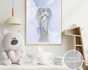 Heavenly Angel Wall Art Printable | Guardian Angel Poster | Spiritual Nursery Decor| Digital Download PDF| Christian Wall Art| Angel Artwork